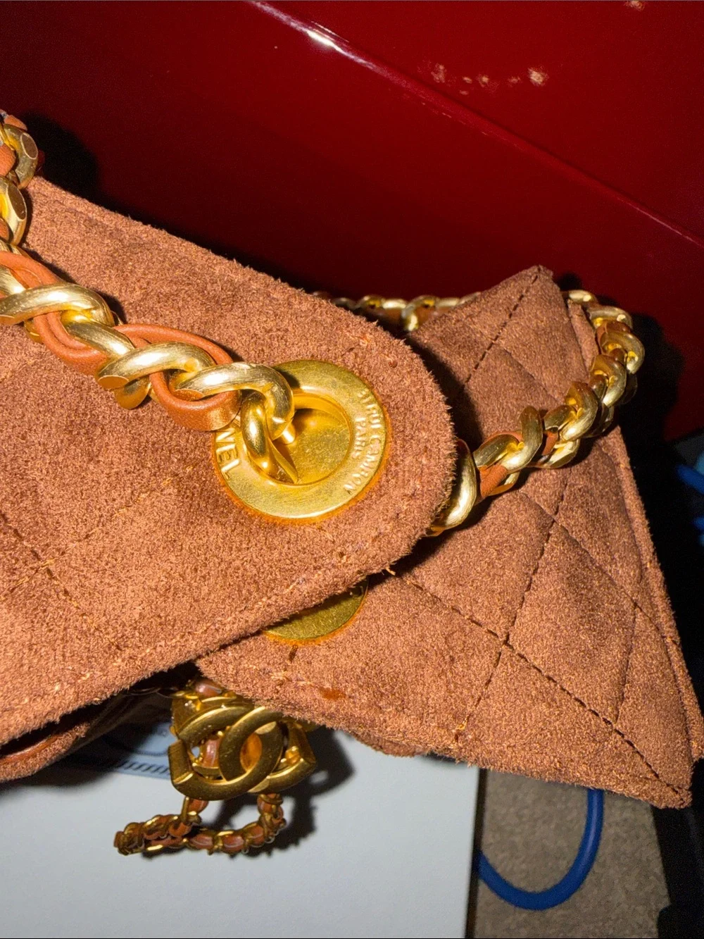 CHANEL Brown Quilted Suede Satchel with Gold Chain Hardware